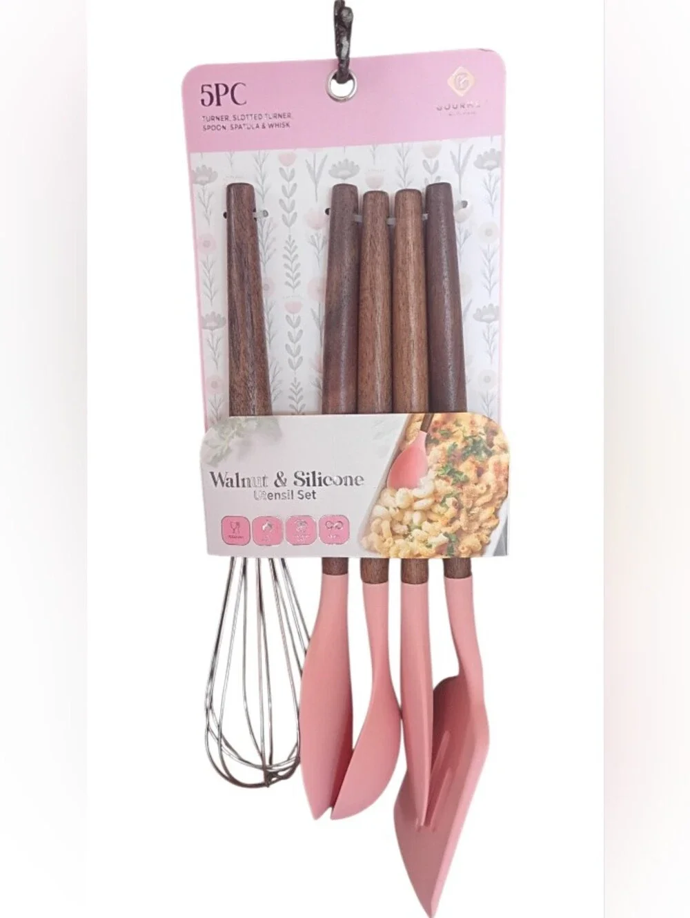 NWT Gourmet 5pc Walnut & Silicone Utensil Set Pink